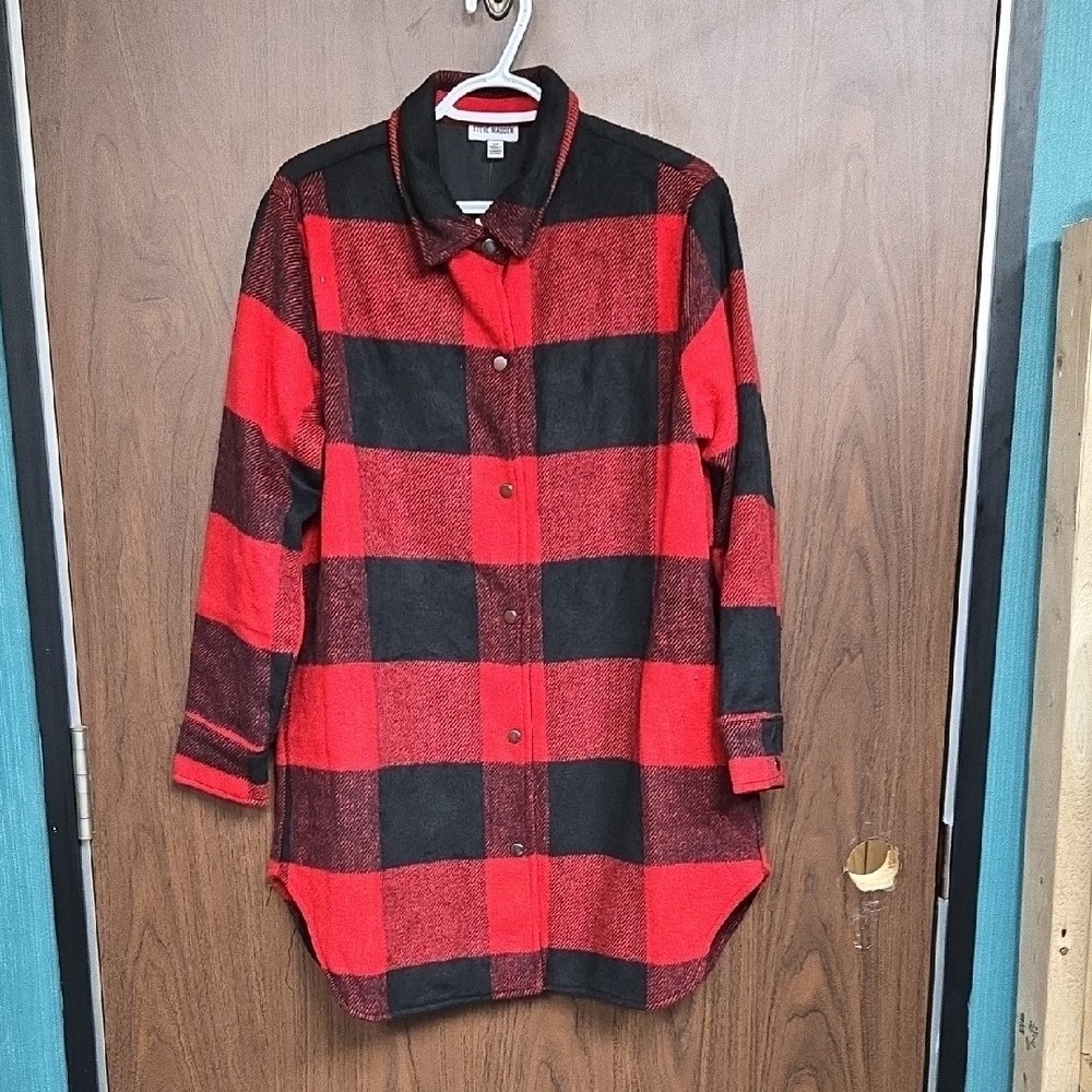 Steve Madden Size S Red Black Buffalo Plaid Midi Length Wool Blend Jacket